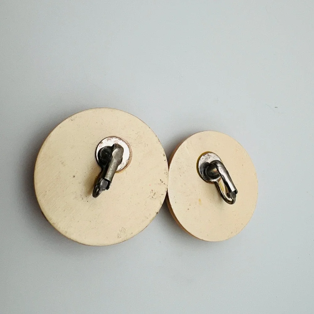 Vintage Yellow Marbled Clip On Earrings Round Button Statement Retro